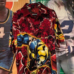 Vintage Y2K 2001 Marvel X-Men & Wolverine Red Button Shirt (Large) Superhero  an